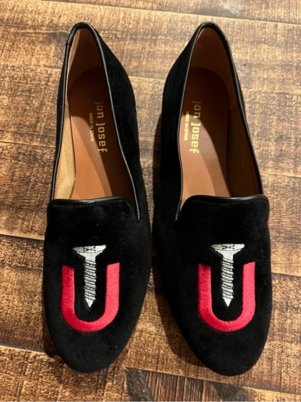 Jon Josef Black Velvet Embroidered Loafers with Red Accent